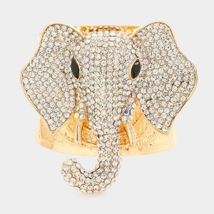 Gold Elephant Head Metal Cuff Bracelet Rhinestone Crystal Statement Jewelry